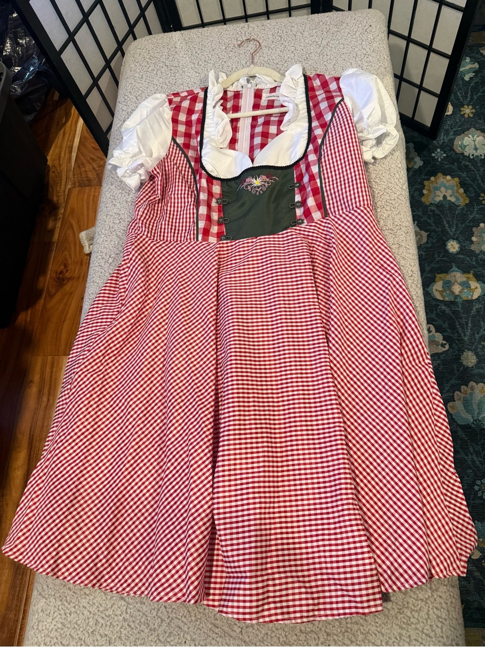 Red Gingham Oktoberfest-Style Dress with White Blouse